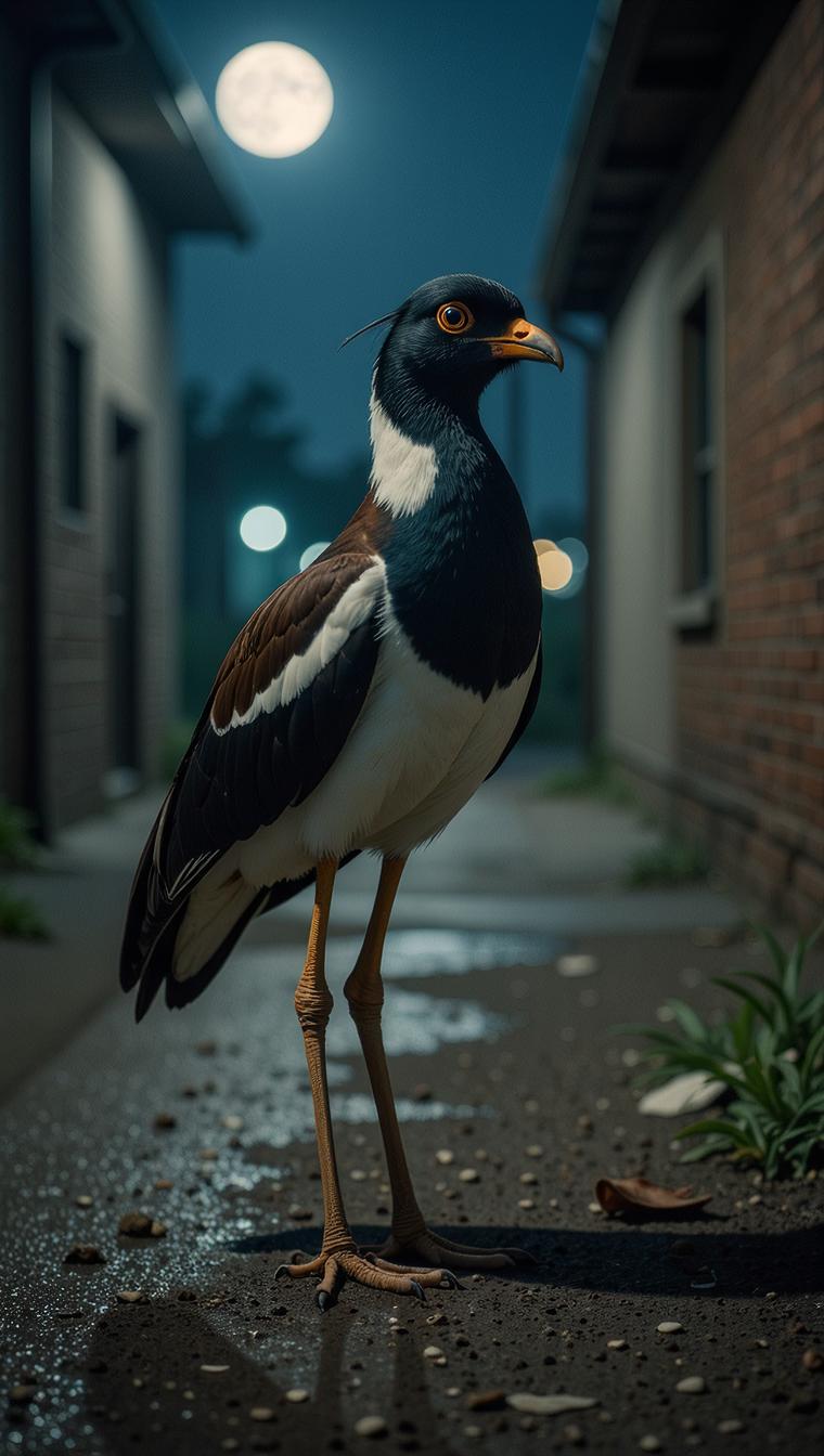 photograph, crime dramas, shoulder level shot of a Masked Lapwing , it is curious