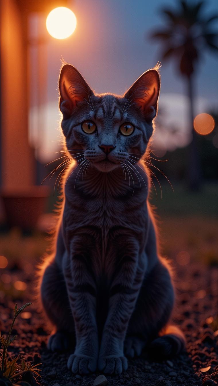 photograph, Plain Devon Rex Cat, at Twilight, Nostalgic lighting