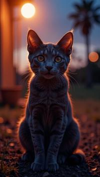 photograph, Plain Devon Rex Cat, at Twilight, Nostalgic lighting