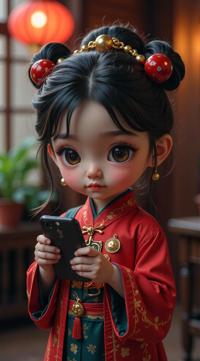 photograph, Alternative Art, Chibi busty British Woman, Provoking Qing Dynasty Cellphone