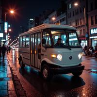 photograph, shoulder level shot of a Bustled Urban Electric Vehicle, Very wide view, bright neon lighting