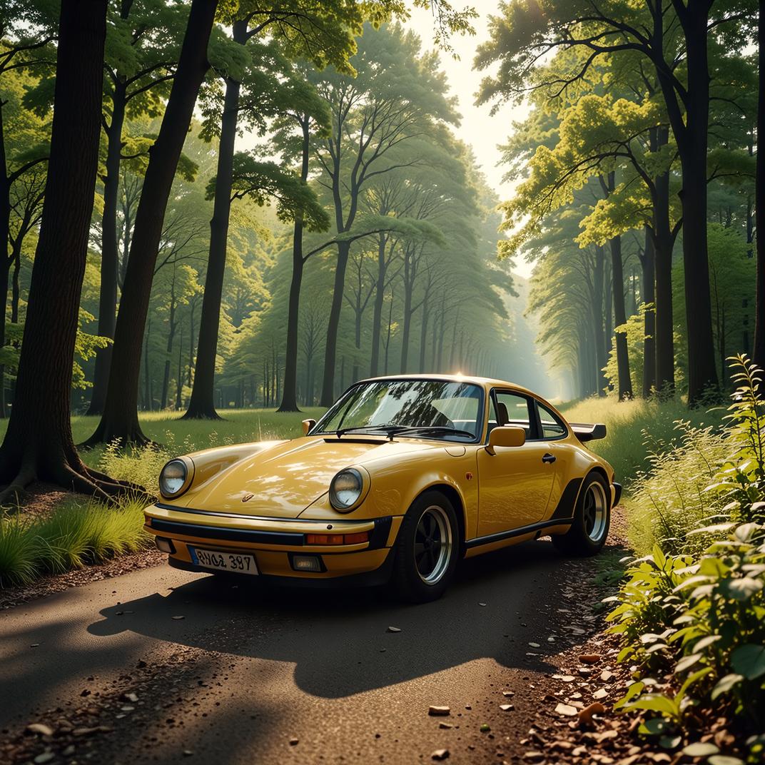 photograph, Paranoid Aesthetic Efficacious Porsche , lush trees, deep focus