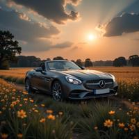 photograph, lush space, stylized, Feigned Mercedes Benz