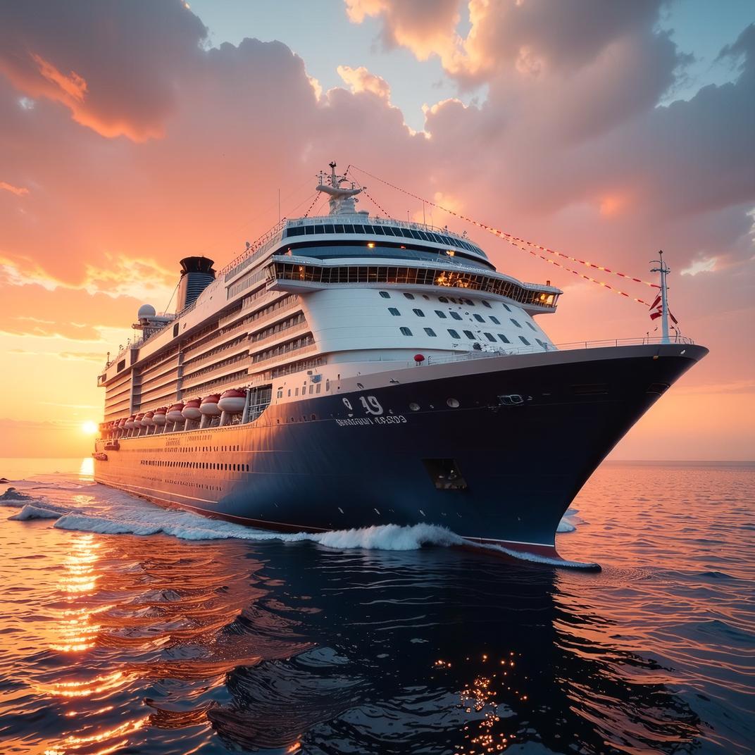 photograph, full body shot of a Cruise ship, Repugnant, with Triangles adornments
