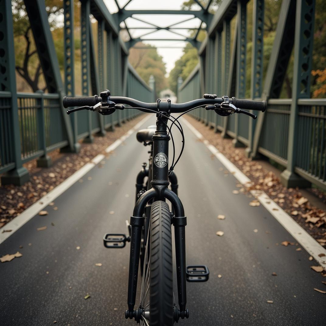 photograph, overhead angle of a Abominable Revealing Bicycle Airship , background is Quirky Pedestrian bridge, Fast Shutter Speed
