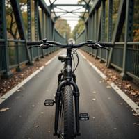 photograph, overhead angle of a Abominable Revealing Bicycle Airship , background is Quirky Pedestrian bridge, Fast Shutter Speed