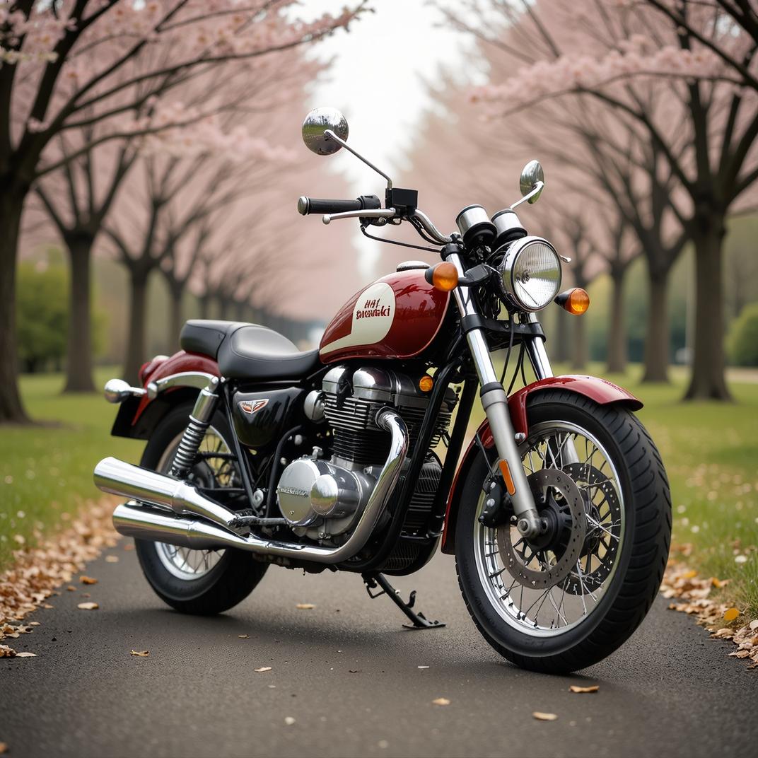 photograph, wide shot of an all american Kawasaki, Spring, Lonely