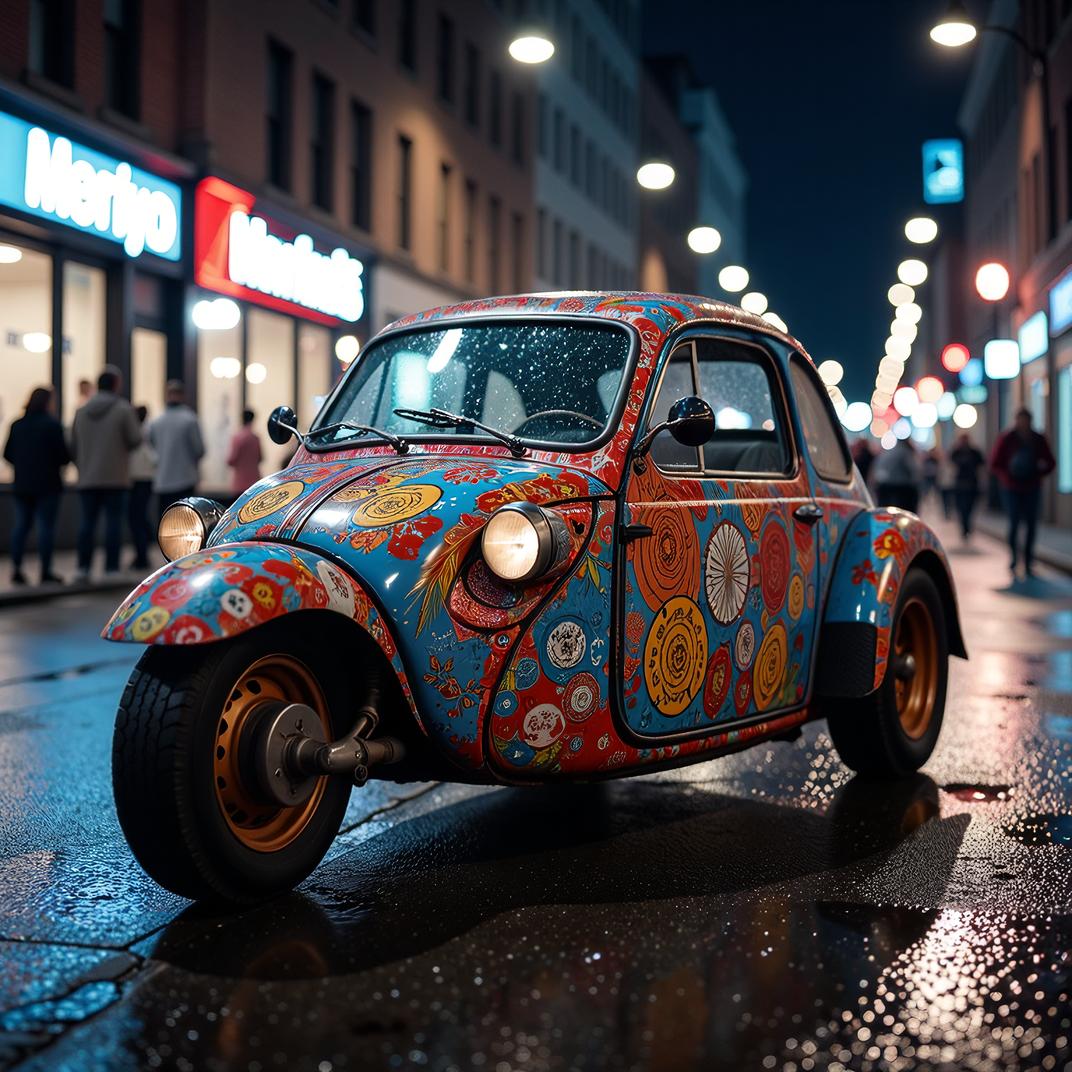 photograph, Dieselpunk wheeled vehicle , covered in Decals, city