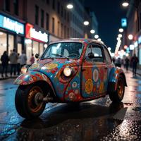 photograph, Dieselpunk wheeled vehicle , covered in Decals, city