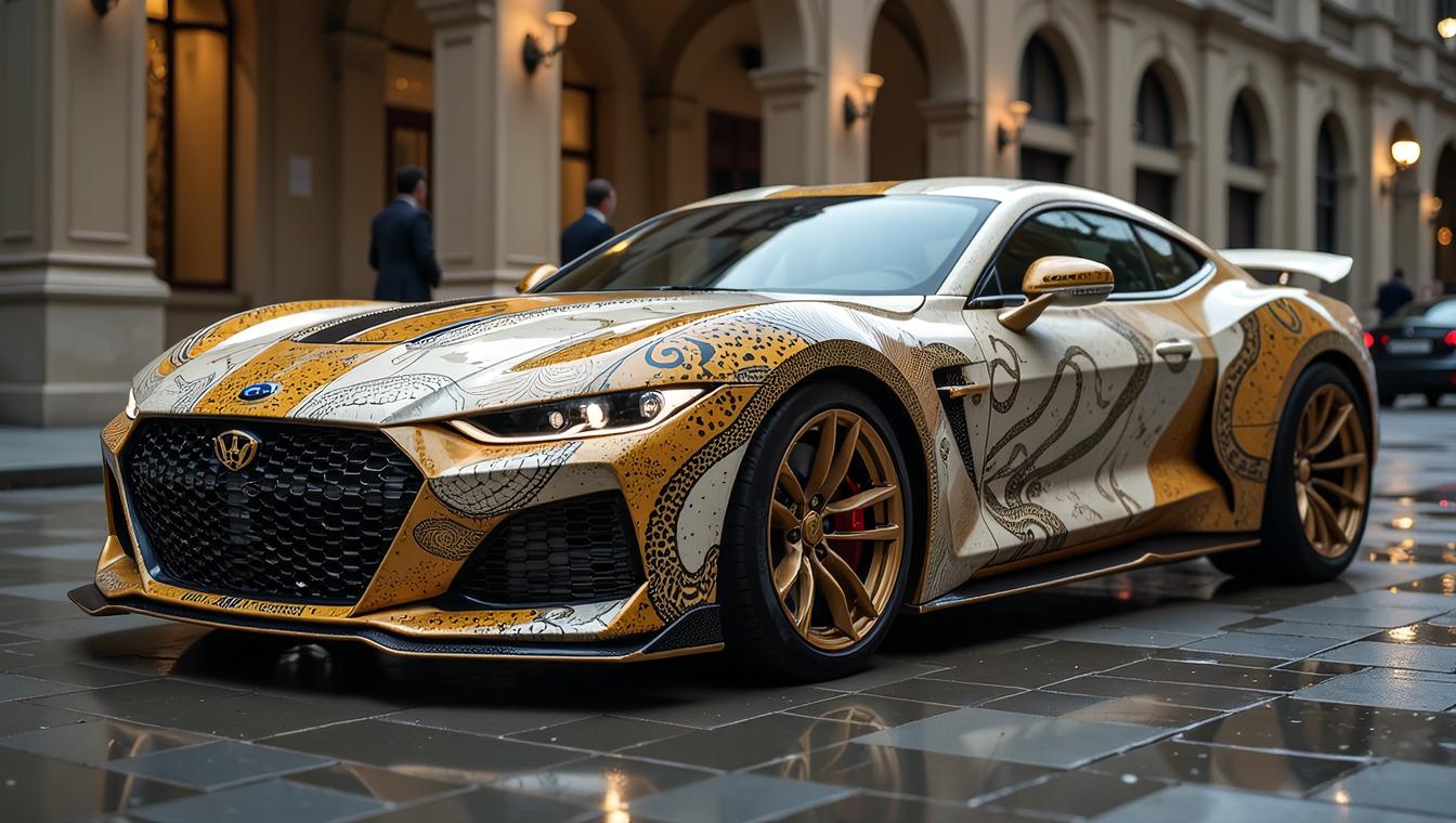 photograph, Futuristic Complementary Muscle car of Peace , detailed with Snake patterns, Phase One XF IQ MP