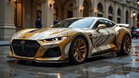 photograph, Futuristic Complementary Muscle car of Peace , detailed with Snake patterns, Phase One XF IQ MP