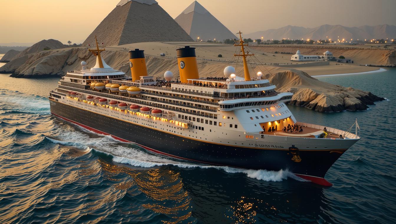 photograph, top down view of a Retro Impeccable Cruise ship , made from Spandex, Sphinx in background