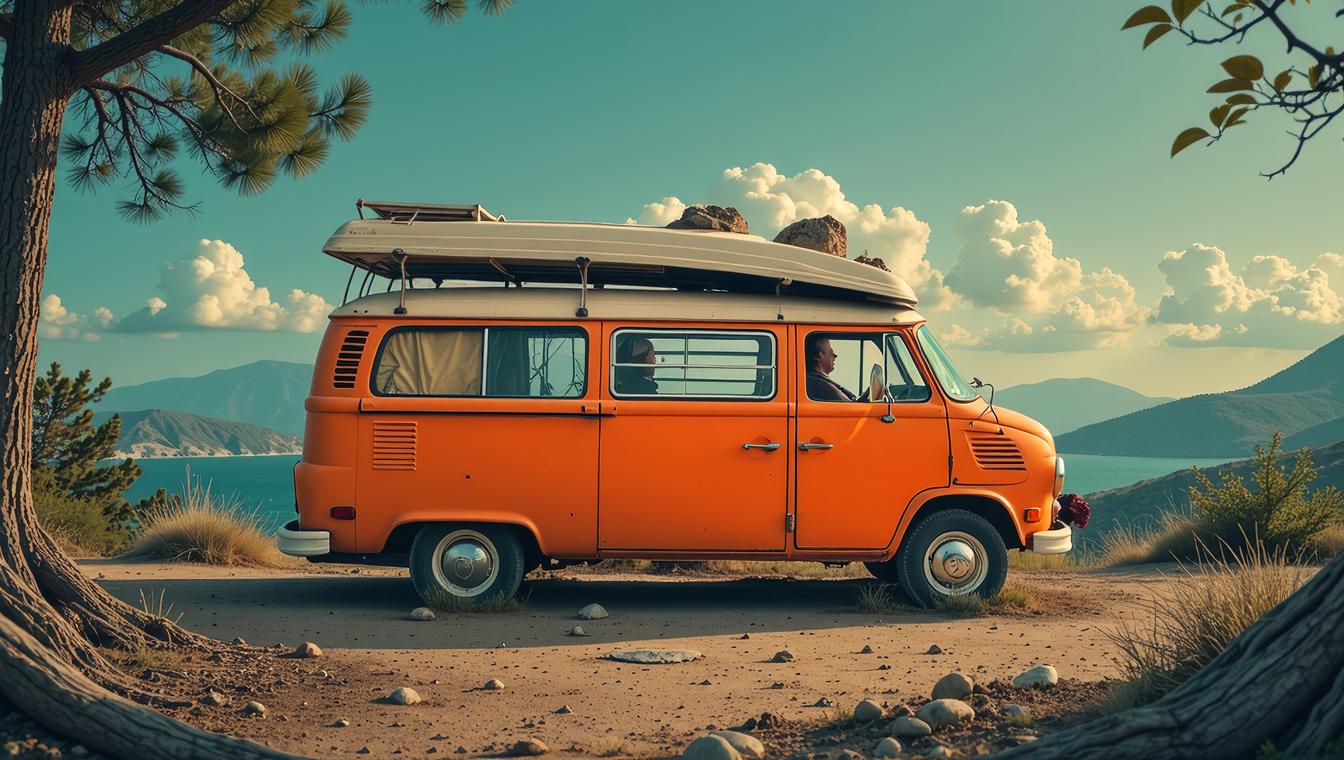 photograph, cinematic shot of a Lifeless orange Camper, smooth, Pieta