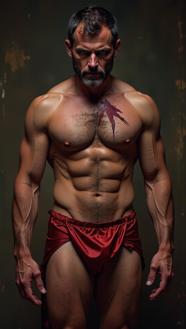 photograph, Classic Fine Male Harpy, Coaching, dressed in Rich Satin chemise