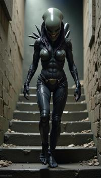 photograph, Stunning Harsh voluptuous Female Xenomorph Alien , Walking up a stairs, Violent Kevlar helmet