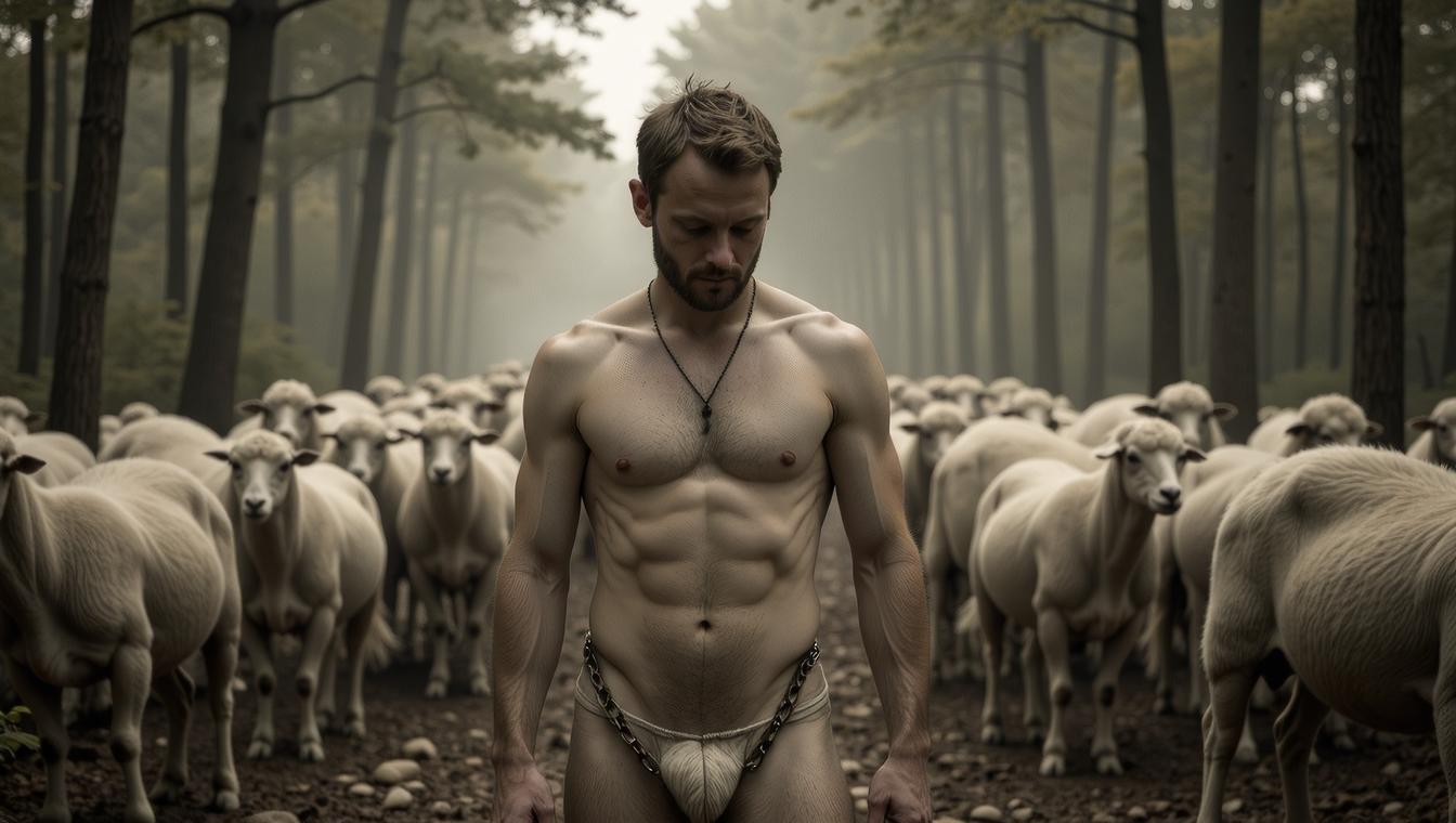 photograph, crowded woods, Virtual well endowed Amish Male with Wool skin, infused with ethereal shapes best quality