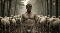 photograph, crowded woods, Virtual well endowed Amish Male with Wool skin, infused with ethereal shapes best quality