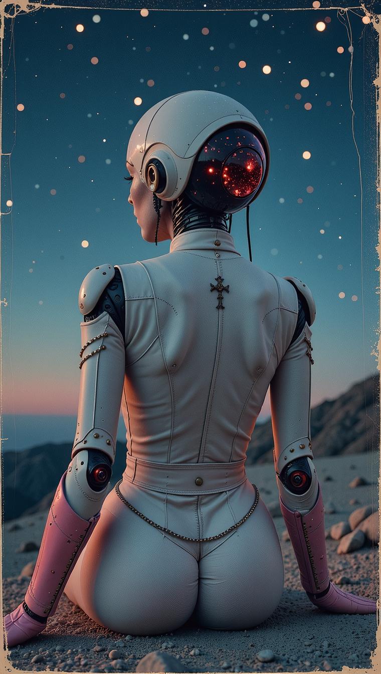 photograph, shot from behind of a Injured Female Android, Papal legate, Sitting with elbows on knees
