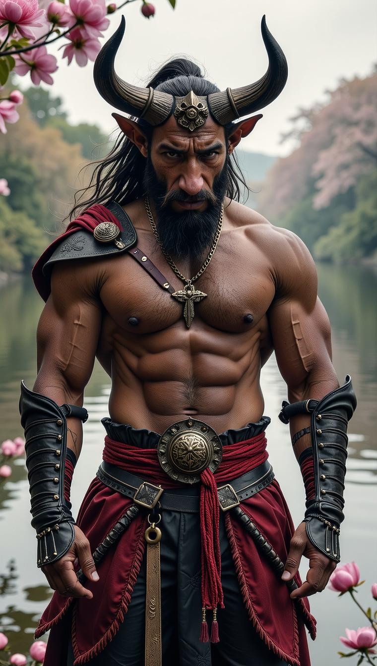 photograph, Magnificent Male Minotaur , dressed in Warrior clothes tailored by Alber Elbaz, lake and Peony background
