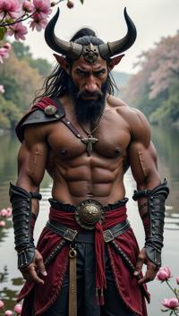 photograph, Magnificent Male Minotaur , dressed in Warrior clothes tailored by Alber Elbaz, lake and Peony background
