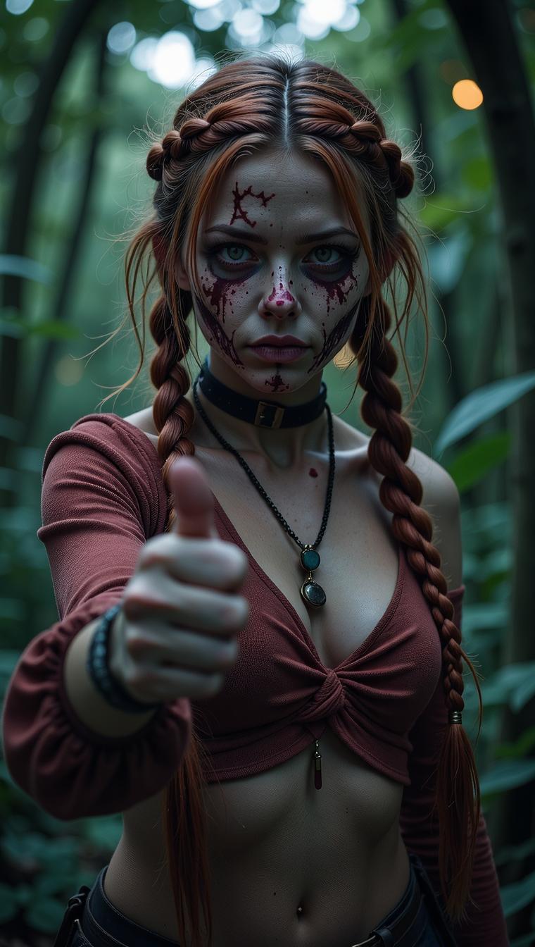 by Ayami Kojima , photograph, Awful New Zealander Warlord Female Zombie , Thumbs down pose