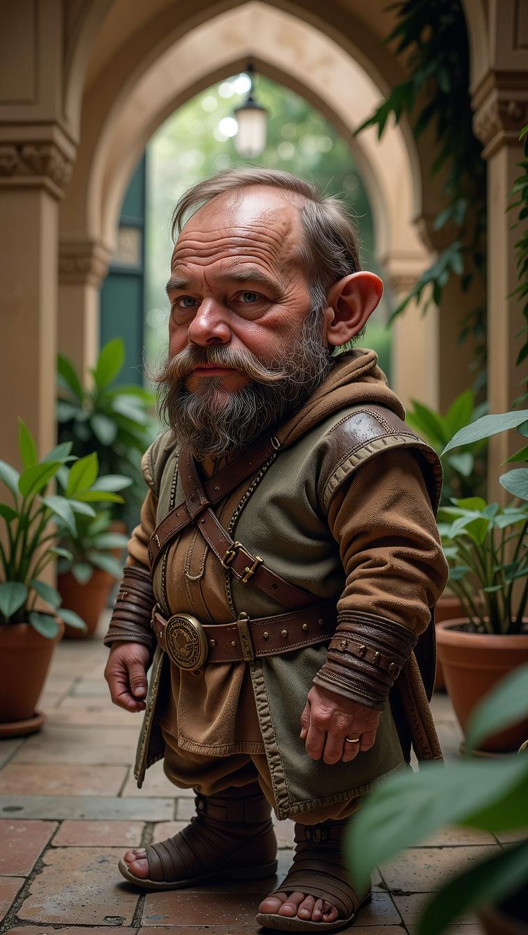 designed by Ben Hatke and Steve Lieber, photograph, Historical Male Dwarf with Titanium skin, he has Brown hair styled as Bald