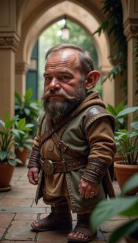 designed by Ben Hatke and Steve Lieber, photograph, Historical Male Dwarf with Titanium skin, he has Brown hair styled as Bald