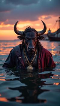 photograph, Honorable Pirate Male Minotaur Swimming, dressed in Authentic tunic, at Twilight