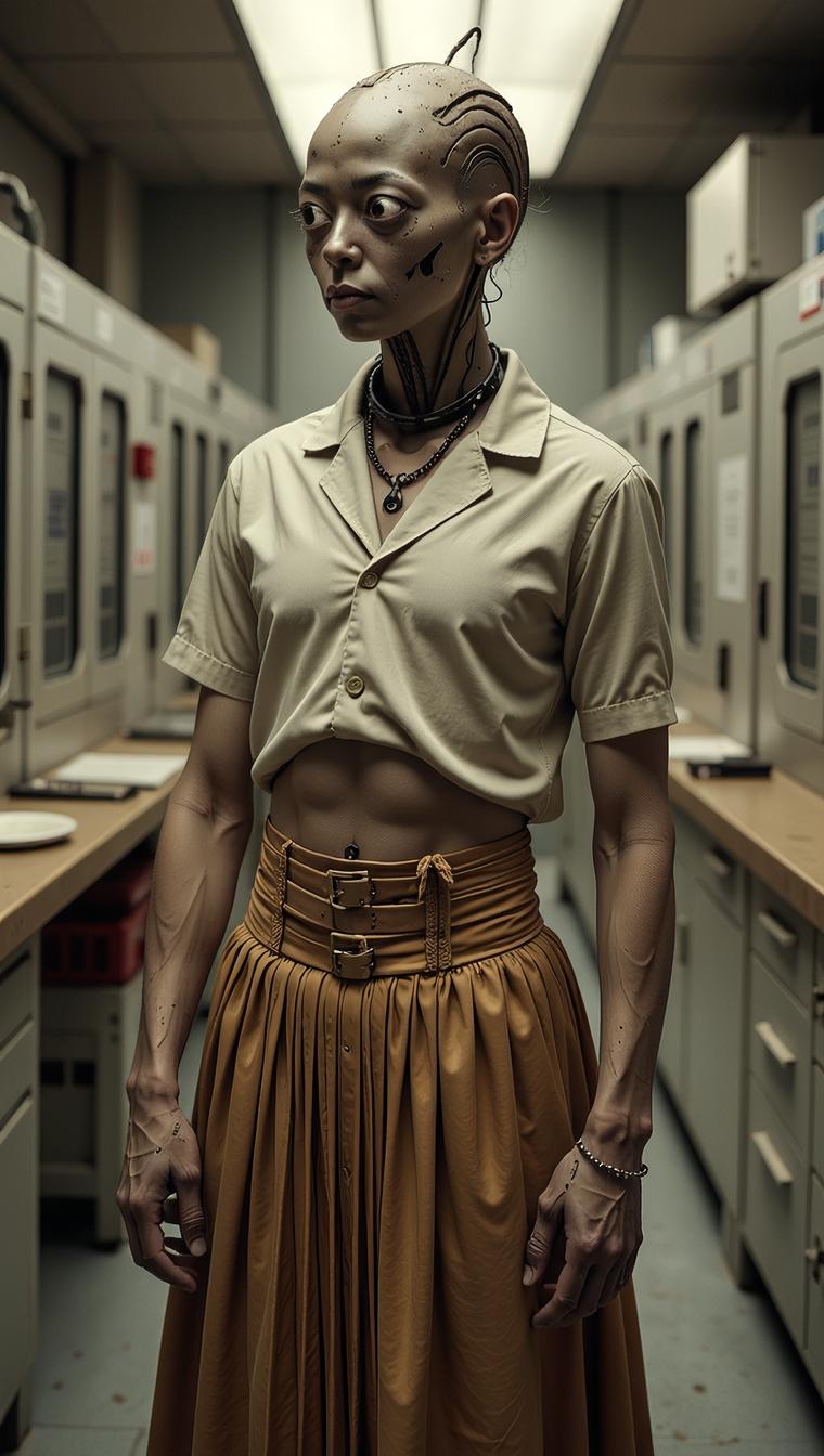 photograph, Ugly Energetic muscular Male Android Twisted torso pose in a Research facility, he is wearing his Sardinian Pleated skirt and tucked in blouse, his Pleated skirt and tucked in blouse is