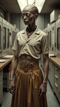 photograph, Ugly Energetic muscular Male Android Twisted torso pose in a Research facility, he is wearing his Sardinian Pleated skirt and tucked in blouse, his Pleated skirt and tucked in blouse is