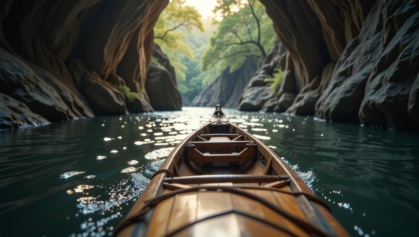 photograph, medium close up shot of a traditional Tibetan Kayak, dungeon and Acacia background, Bokeh
