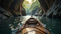photograph, medium close up shot of a traditional Tibetan Kayak, dungeon and Acacia background, Bokeh