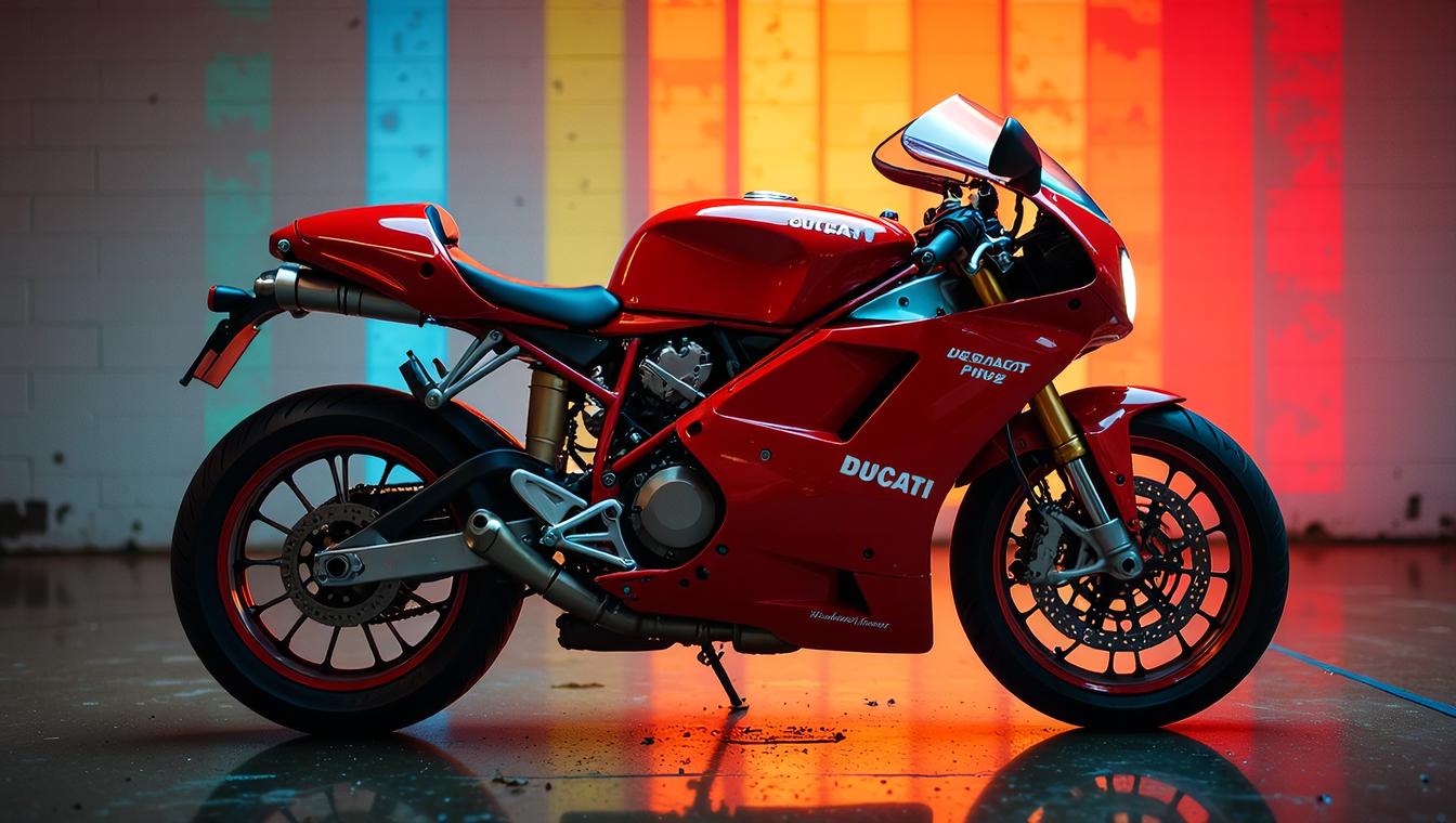 photograph, profile of a Ducati, the Ducati is very Passionate, displayed in a rainbow pattern background
