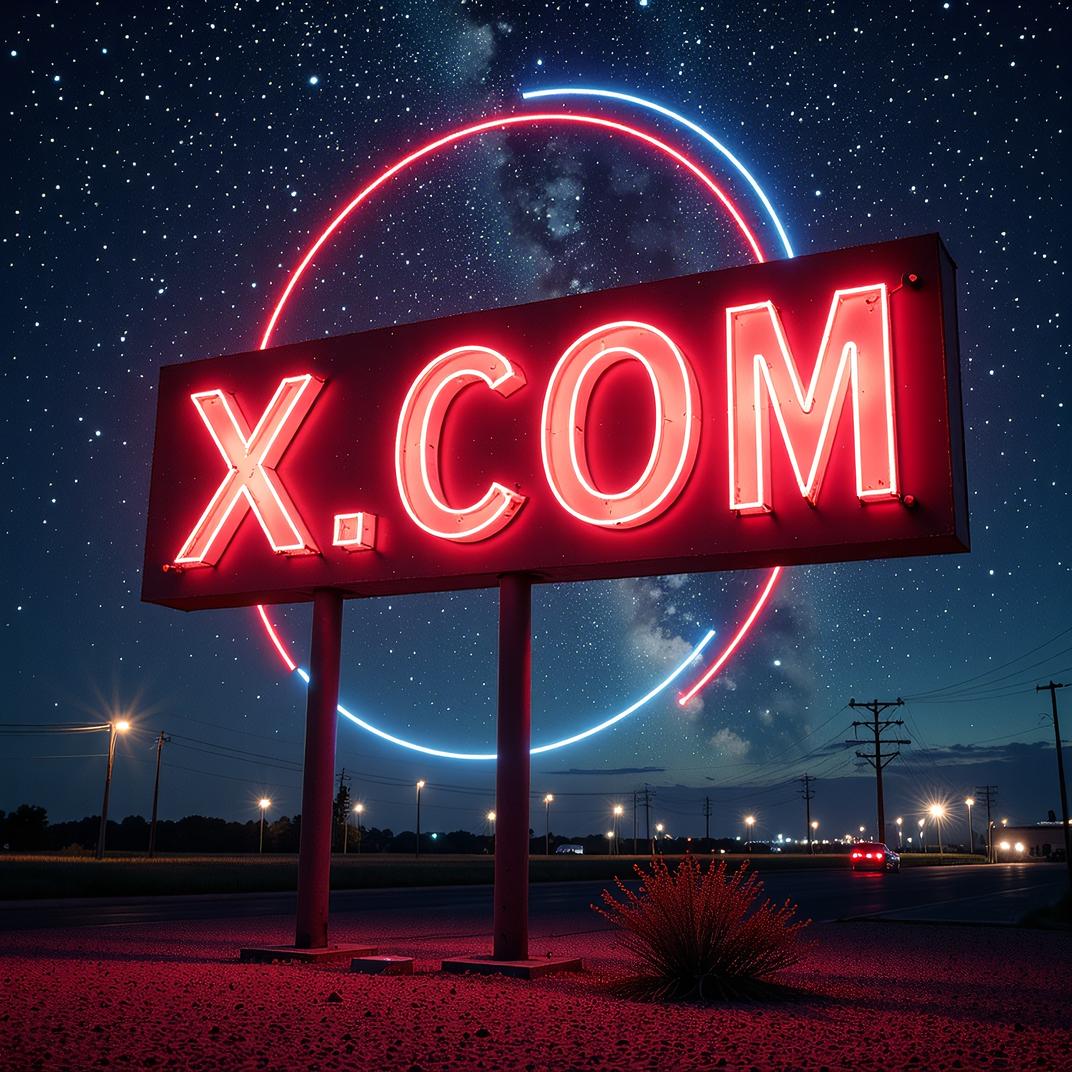 Amazing X COM sign, stylized by Roger Deakins, photograph, Celestial equator