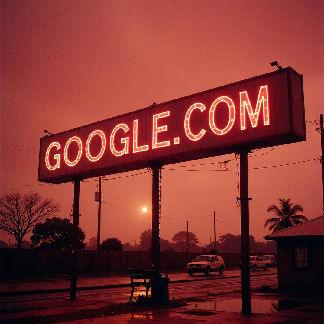 Amazing GOOGLE COM sign, stylized by Clint Eastwood, photograph, Rule of Thirds