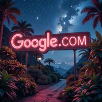 Amazing GOOGLE COM sign, photograph, Stellar nursery, background is Folded Cyberpunk megacity