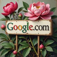 Amazing GOOGLE COM sign, photograph, shot from side of a Antsy pantsy Georgian okra, Peony background