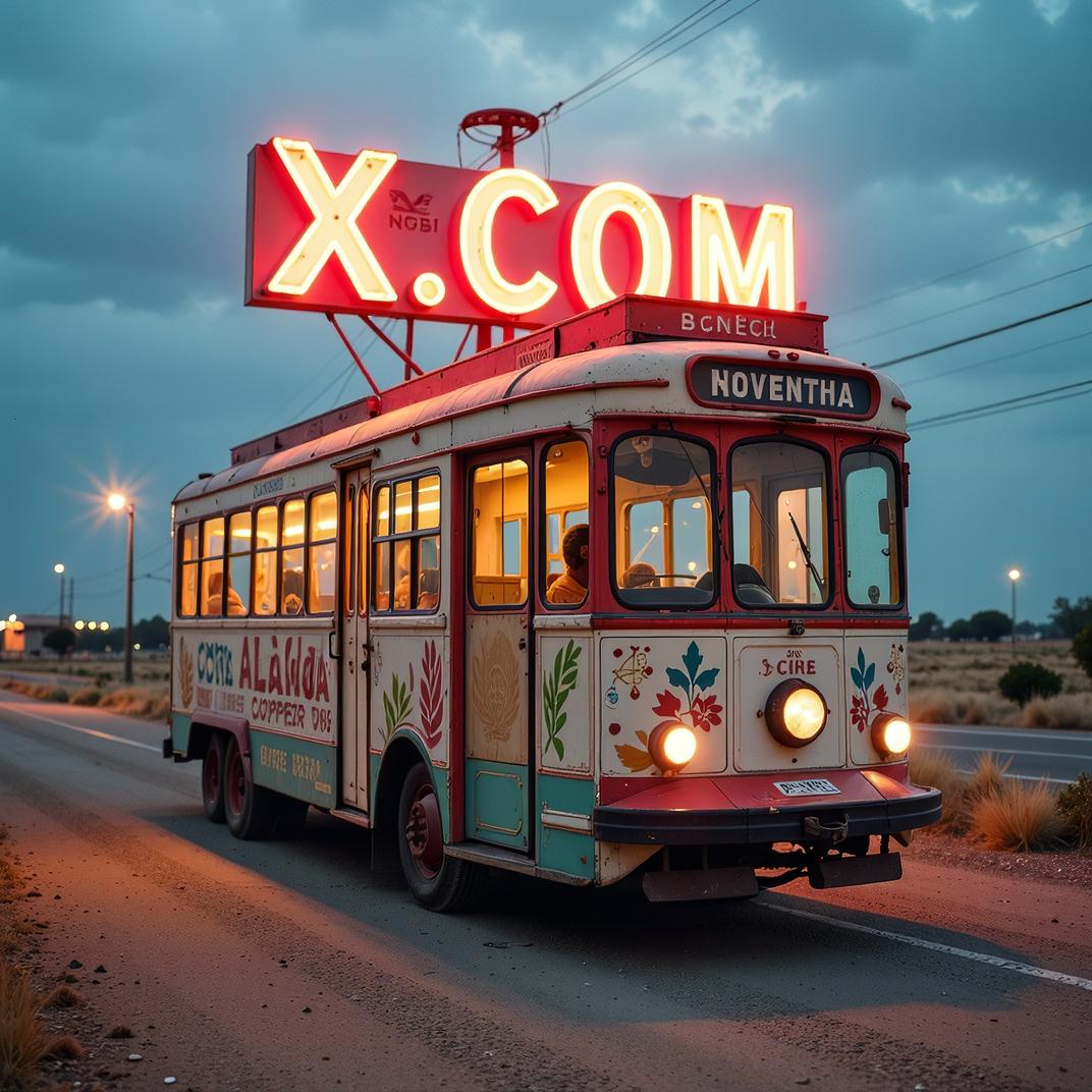 Amazing X COM sign, photograph, Flirty Iraqi Tram wheeled vehicle , at Overcast