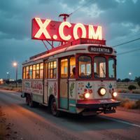 Amazing X COM sign, photograph, Flirty Iraqi Tram wheeled vehicle , at Overcast