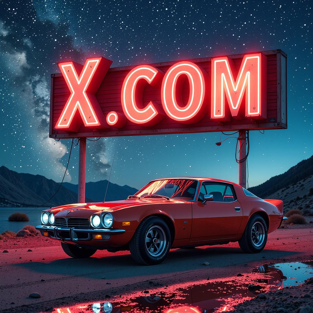 Amazing X COM sign, art by Jan Svankmajer and Lucrecia Martel, photograph, Toyota Tractor trailer