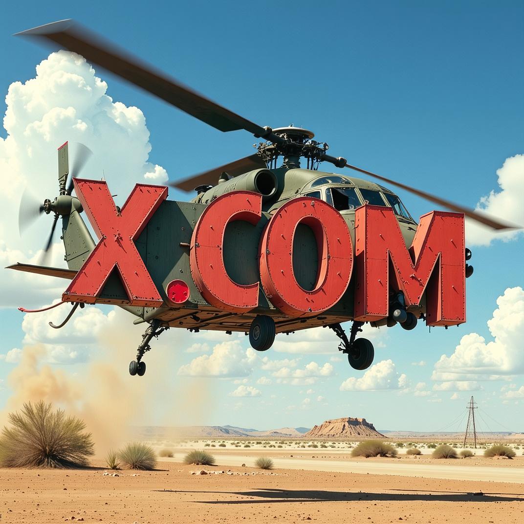 Amazing X COM sign, art by Grete Stern, photograph, Stimulating Tough Iraqi Helicopter