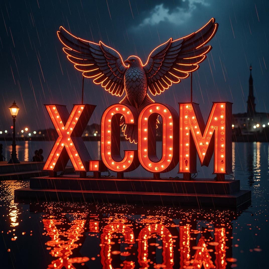Amazing X COM sign, photograph, Passionate Falcon Heavy Ship , Raining