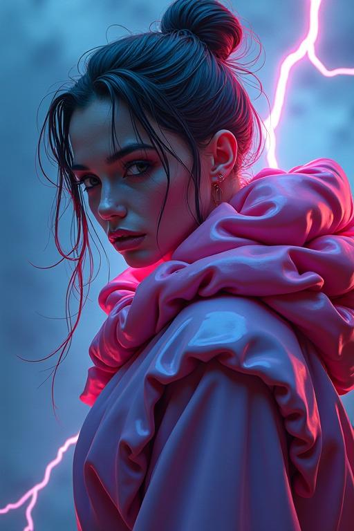 Digital painting of a fantasy film character concept art by Enoch Bolles and Ruan Jia with a touch of William Adolphe Bouguerea, the D D style is inspired from the old fantasy rule book DnD by Steve Ross The image features a hyper detailed concept art with sharp focus on the subject s face, creating an surreal magical atmosphere with neon lightning bolts and a puffy cloak made out of balloons, adding to the overall fantasy charm