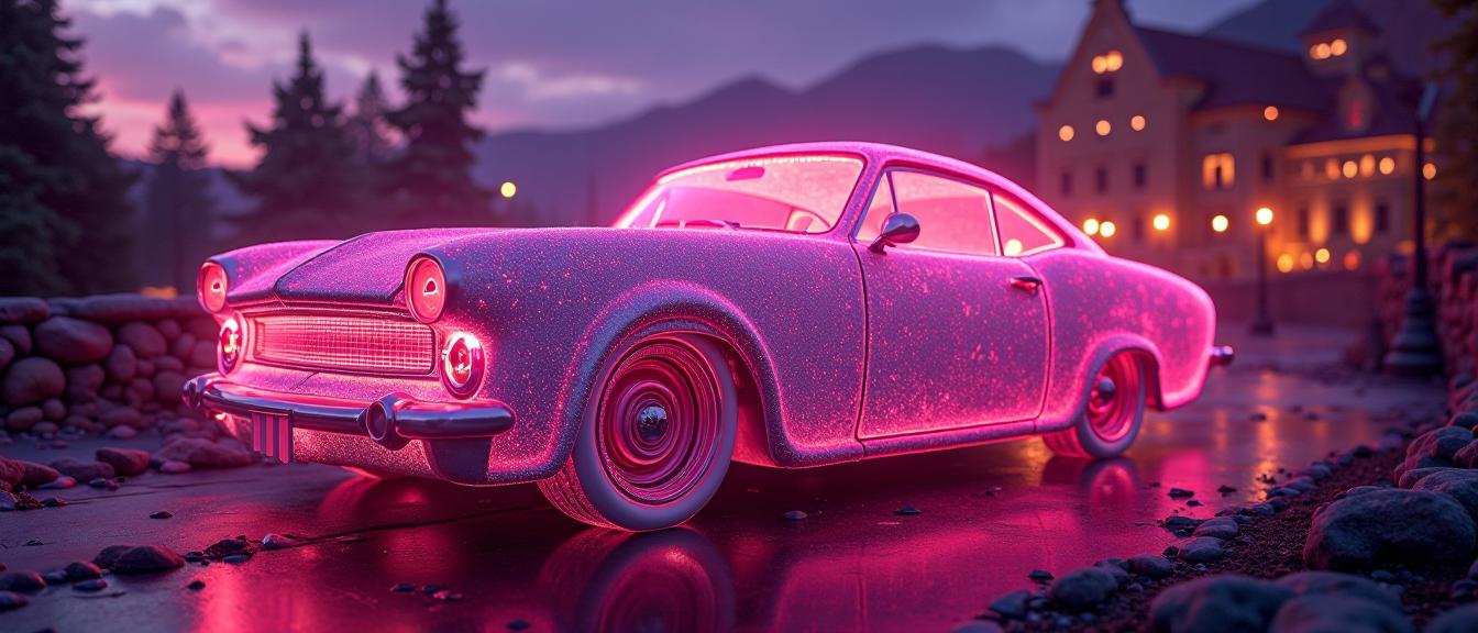 A full length frame of a Tovarisch Ford illuminated by the soft glow of a nearby cityscape, with a spiral pattern etched into its surface and a magenta background that casts a dreamlike light over the scene The overall style is reminiscent of fairy tales, with intricate details and vivid colors that create an air of magic and wonder