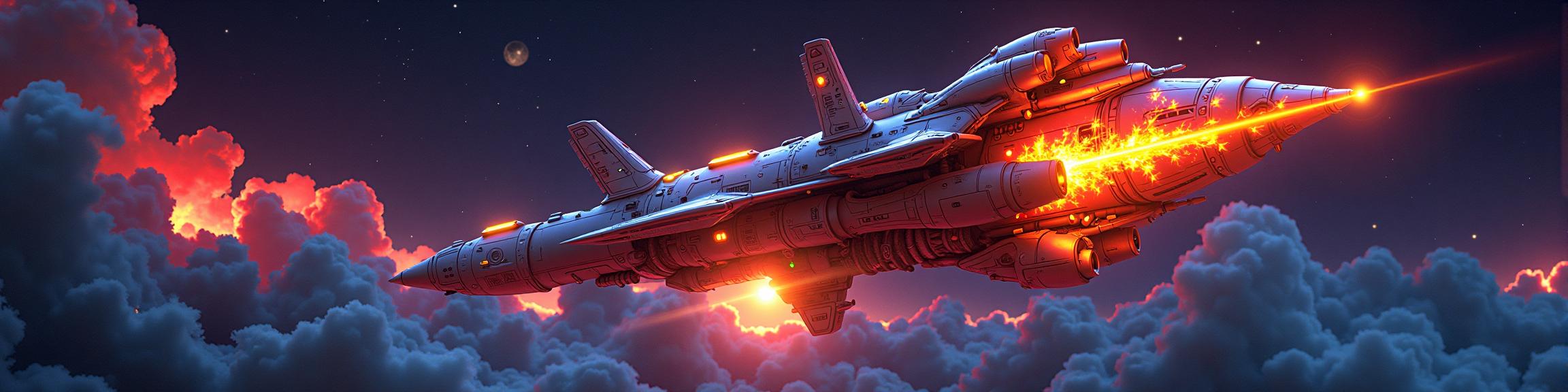 Digital painting of a space station with an insane amount of details, made out of Accessorized Burlesque and Space Shuttle with It is covered in Flames and the background has a Plain Fluorescent and Electric Color Composition The Style is inspired by Georges Lacombe, Makuzu K zan, and Frank Quitely The colors are intended to create an aesthetic that is both elegant and still life The overall style is intended to create a cinematic atmosphere