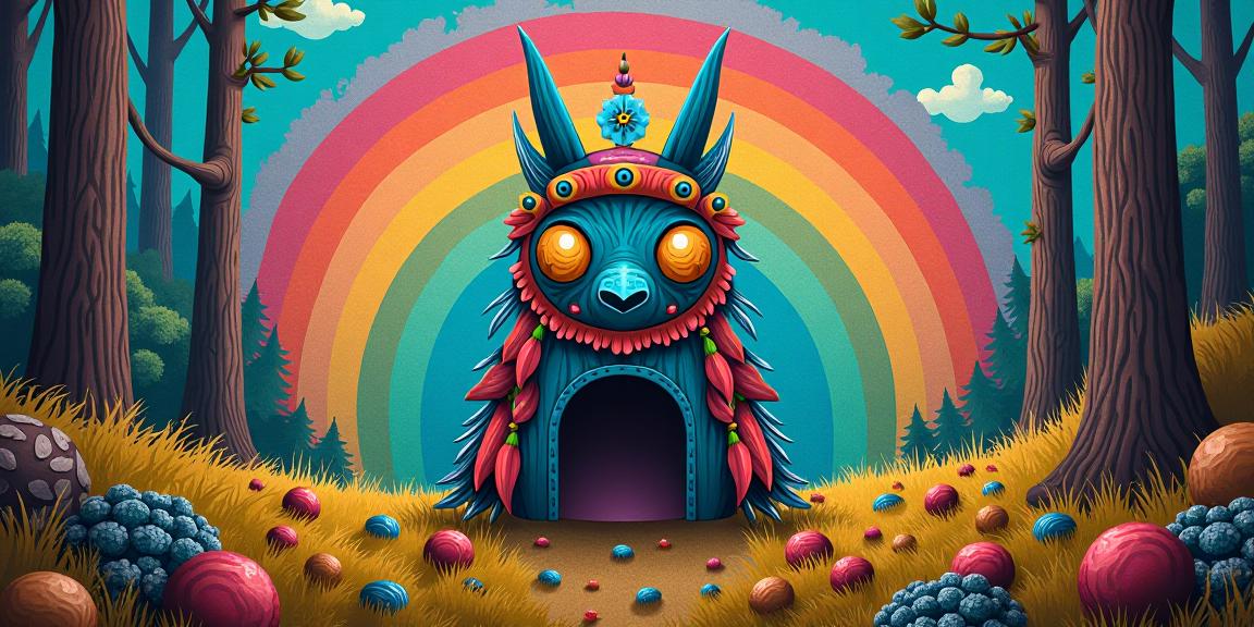 A vibrant and whimsical depiction of a Labyrinthine Elevated Navajo in a Fae setting, with an anthropomorphic face and a Pine tree background, rainbow field with acorns, and the image featuring a split diopter lens