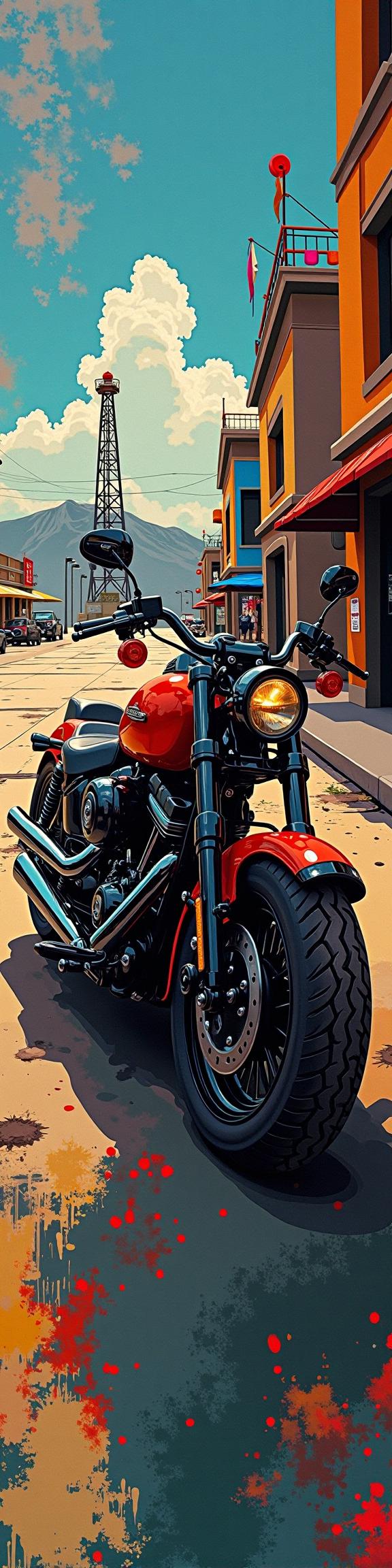 An abstract painting of a Victorian Harley Davidson with an Inconsequential and Abstract Illusionism made from Galaxy material and crafted by UNIQLO, set against the backdrop of Lively Oil rig, Flirty city street, and Gravity well in a dynamic and cozy scene with geometric details and raytraced reflections