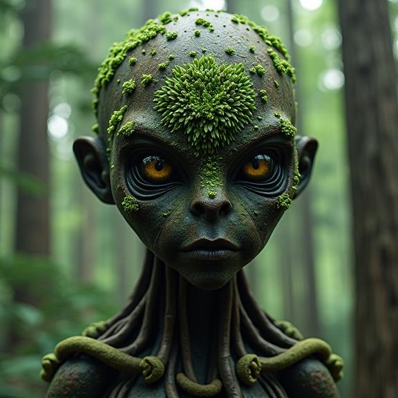 A highly detailed photograph of a humanoid creature with a face that resembles an anthropomorphic redwood tree background in a surrealistic image inspired by the work of French artist Lusimir Vuitton and the style of the game titled Hovercraft of Underworld