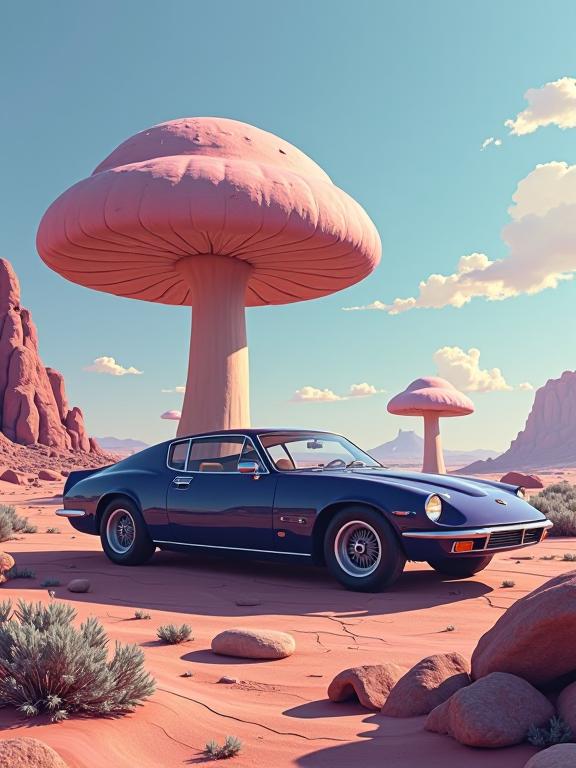 Digital painting of a sci fi mushroomy mauve and navy sephardic car , made from planet neptune, expressive arena, desolate blossoms and earth background
