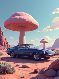 Digital painting of a sci fi mushroomy mauve and navy sephardic car , made from planet neptune, expressive arena, desolate blossoms and earth background